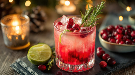 A vibrant drink sits on a dark surface surrounded by festive decor and soft candlelight.の素材