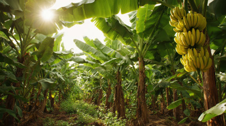 Sunlight filters through tall banana trees illuminating ripe yellow bananas clustered together in vibrant greenery.の素材