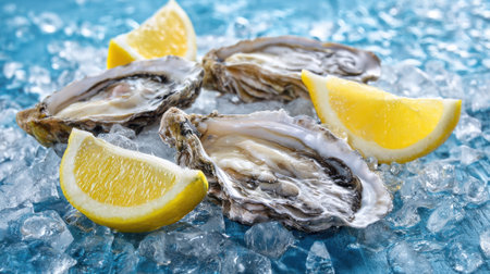 Fresh oysters sit on a bed of ice, complemented by bright yellow lemon wedges. The scene offers a refreshing seafood experience, highlighting the natural beauty of the oysters.の素材
