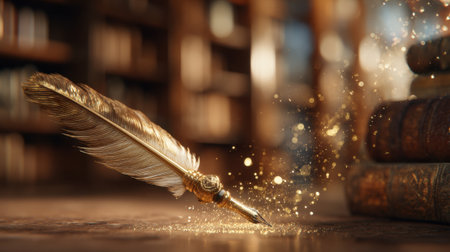 A golden quill rests on a wooden table surrounded by sparkling dust in a warm library setting.の素材