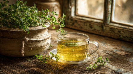 A warm cup of herbal tea rests on a wooden surface next to fresh thyme inviting relaxation.の素材