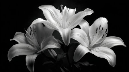 Three stunning white lilies emerge beautifully from the shadows showcasing their delicate petals.の素材