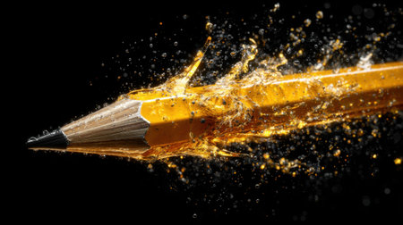 A bright yellow pencil pierces through clear water, creating a captivating splash. The action highlights creativity and energy in an artistic setting.の素材
