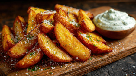 Crispy golden potato wedges are artistically arranged on a wooden board, sprinkled with herbs and cheese and served with a vibrant garlic dip on the side, making an inviting snack.の素材