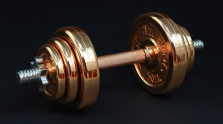 A shiny bronze dumbbell sits on a dark background, showing its polished surface. This equipment is perfect for weightlifting and strength training exercises at the gym or home.の素材