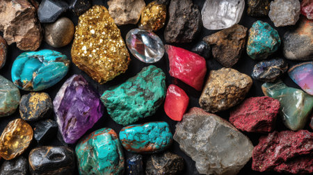 Bright and colorful gemstones and minerals are scattered on a black surface. The variety includes sparkling crystals and polished stones, showing diverse textures and colors.の素材