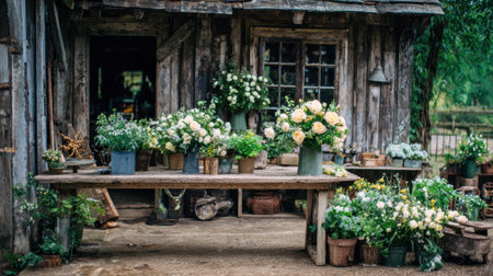 A quaint flower shop features lush arrangements outside a rustic building inviting visitors to explore colorful blooms.の素材