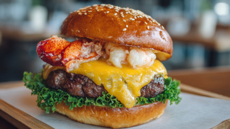 Delicious lobster and cheeseburger served on a sesame bun with fresh greens and melted cheese.の素材