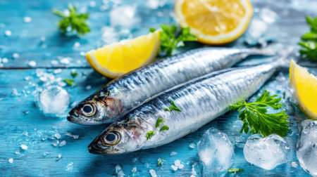 Two fresh sardines lay on a blue wooden table, surrounded by ice, lemon slices, and herbs, prepared for a delicious seafood dish.の素材