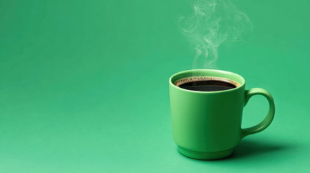 A steaming cup of black coffee rests on a smooth green surface radiating warmth and comfort.の素材