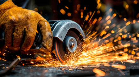 A worker skillfully grinds metal creating vibrant sparks in a busy workshop setting.の素材