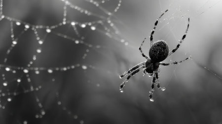 A spider skillfully weaves its web glistening with water droplets in a serene black and white setting.の素材