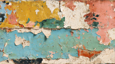 An urban wall showcases a mix of vibrant colors with layers of peeling paint revealing a history of time and weather.の素材