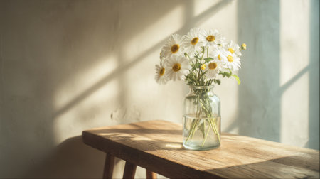 A bouquet of fresh daisies in a jar brings warmth to a cozy room lit by gentle sunlight shadows.の素材