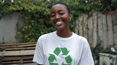 A joyful young woman stands in a lush garden wearing a recycling shirt and encouraging eco friendly practices.の素材