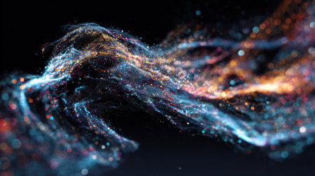 Cosmic waves ripple through space glowing with bright colors and shimmering particles creating beauty.の素材