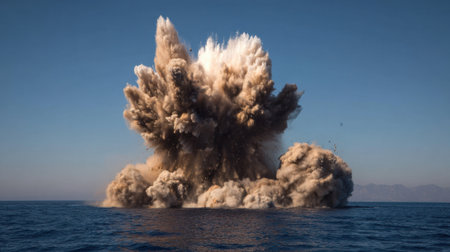 A powerful underwater explosion sends waves and debris into the air against a serene ocean backdrop.の素材