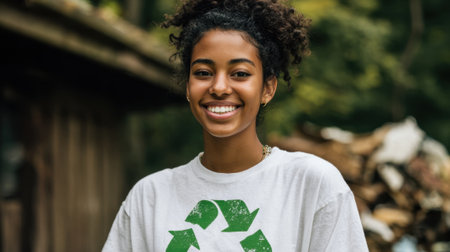 A young woman stands in a vibrant forest wearing at shirt that promotes recycling. She radiates positivity.の素材