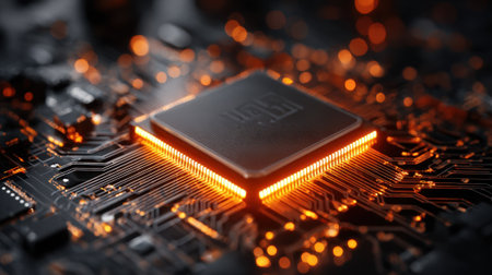 A glowing microchip is placed on a dark circuit board filled with intricate details. The warm light from the chip highlights the surrounding electronic components, emphasizing modern technology.の素材