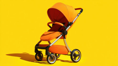 Stroller in bright orange color is placed on a smooth yellow background highlighting its sleek design.の素材