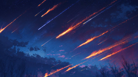 Bright meteor trails light up a dark night sky creating a stunning celestial show above the landscape.の素材
