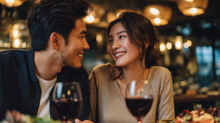 Two people smile at each other while enjoying a romantic dinner and red wine together.の素材