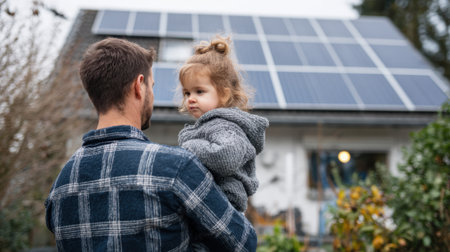 A father holds his young daughter against him while they admire their solar panel equipped home.の素材
