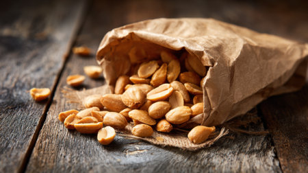 Roasted peanuts tumble out of a crumpled brown bag onto a textured wooden surface.の素材