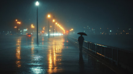 A person walks alone under an umbrella along a wet road illuminated by streetlights.の素材
