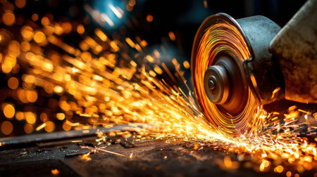 Metalworker shapes steel with precision creating dazzling sparks in a dimly lit workshop.の素材