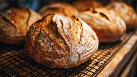 Golden brown loaves of bread cool on a wire rack filling the kitchen with a warm aroma.の素材