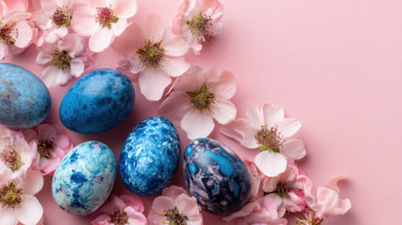 Vibrant blue eggs are carefully arranged among delicate pink blossoms celebrating spring and Easter.の素材