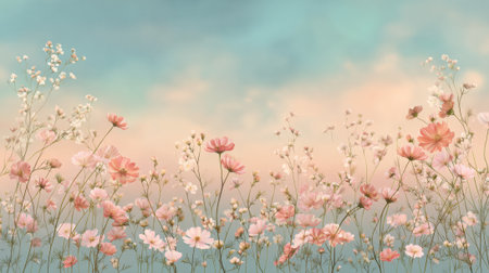 Wildflowers bloom in soft pink and white hues against a serene pastel backdrop inviting tranquility.の素材