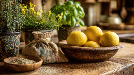 Vibrant lemons and fragrant herbs rest on a wooden table creating a warm kitchen atmosphere.の素材