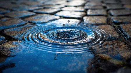 Water droplets create ripples on a cobblestone surface after rainfall, capturing the early morning light. The scene is peaceful and tranquil, evoking a serene atmosphere.の素材