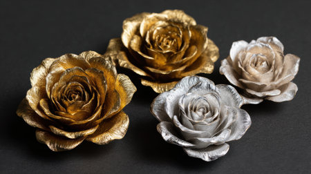 Beautifully designed roses in gold silver and white showcase artistic craftsmanship on dark surface.の素材