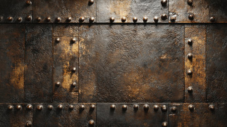 A close-up view of a rusty metal surface featuring rivets and an aged patina. This texture showcases an industrial aesthetic suitable for artistic designs and backgrounds.の素材