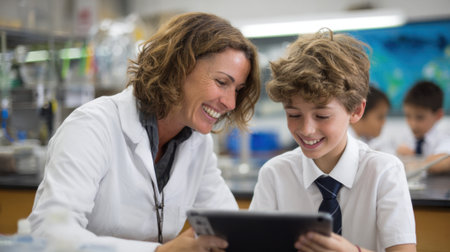 Teacher and student joyfully explore science concepts using a tablet in class.の素材