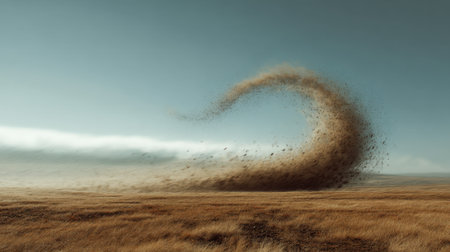 A swirling dust storm forms in an expansive field under a bright blue sky. The wind picks up particles from the land, creating a cloud of dust that dances in the sunlight.の素材
