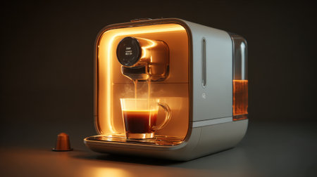Warm light highlights a modern coffee machine as it brews a fresh cup of coffee.の素材