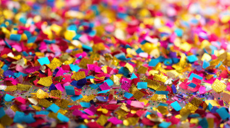Colorful confetti in shades of pink blue and gold creates a festive atmosphere for any occasion.の素材