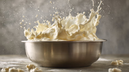 A bowl filled with cream overflows as it is being mixed, creating a splash of liquid. The scene captures the energy and movement in a kitchen during food preparation.の素材
