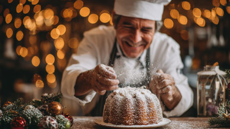 A joyful chef carefully sprinkles powdered sugar over a beautifully baked cake, surrounded by warm lights and holiday decorations in a festive kitchen setting.の素材