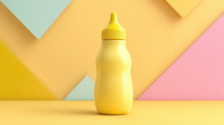 A bright yellow mustard bottle is placed upright on a smooth surface. Behind it are pastel-colored geometric shapes creating a vibrant backdrop. The scene is playful and cheerful.の素材