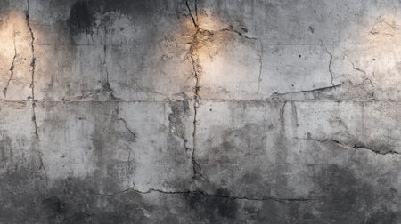 The scene features a rugged cracked concrete wall illuminated by warm lights, showing its texture and imperfections. This setting evokes an industrial vibe suitable for modern spaces.の素材
