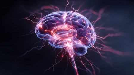 A detailed view of a human brain is shown radiating energy and light. The vibrant connections suggest active thinking, exploration, and mental engagement.の素材
