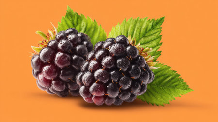 Juicy blackberries with water droplets rest on green leaves against a bright orange background, highlighting their rich color and fresh appeal in a simple arrangement.の素材