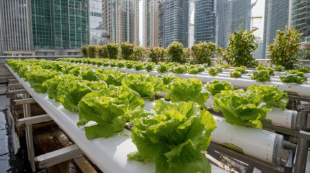 This rooftop garden features rows of thriving hydroponic lettuce in a modern urban setting, surrounded by towering skyscrapers and reflecting innovative farming techniques.の素材