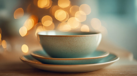 Teal ceramic bowl sits atop a matching plate on a rustic wooden table, illuminated by soft, warm bokeh lights creating a cozy atmosphere in the setting.の素材