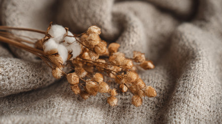 A bunch of dried flowers and cotton rests on light gray knitted fabric, creating a warm and inviting atmosphere perfect for a home decor setting.の素材